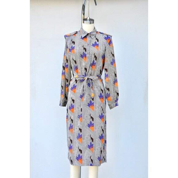 Vintage Pierre Balmain Paris Dress 70s 80s Peter Pan Collar Psychedelic XS S M - Picture 8 of 9